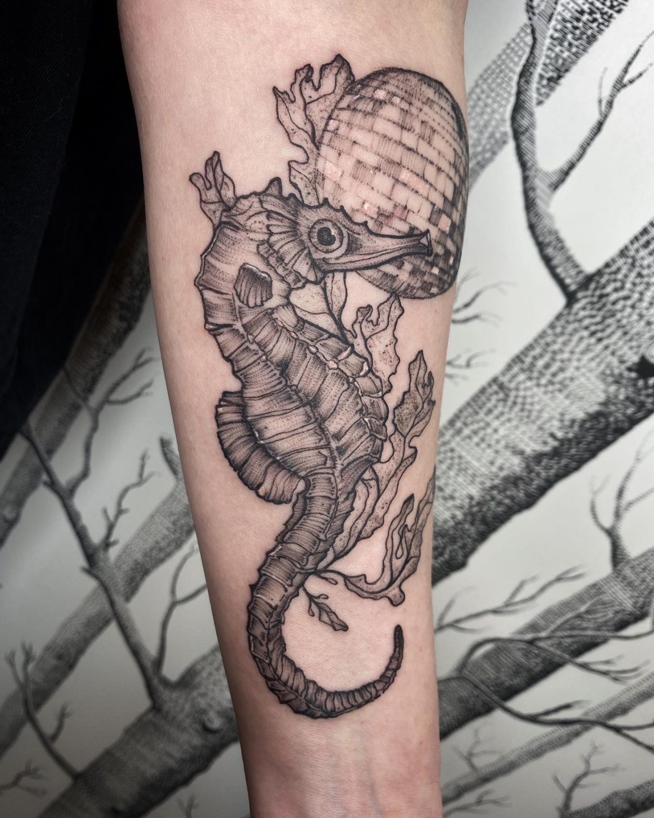 Seepferdchen mit Diskokugel auf dem Unterarm