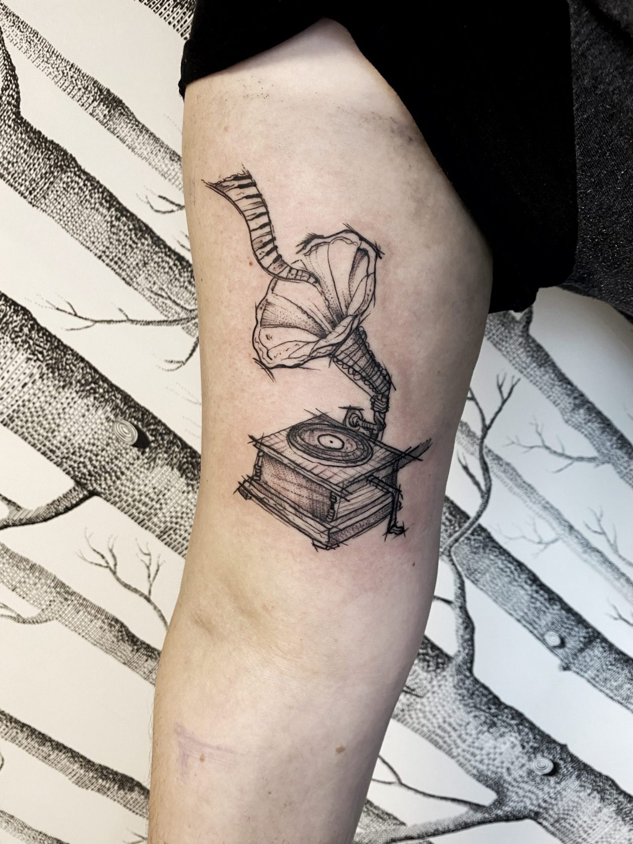 Oberarmtattoo: Sketchy Grammophon