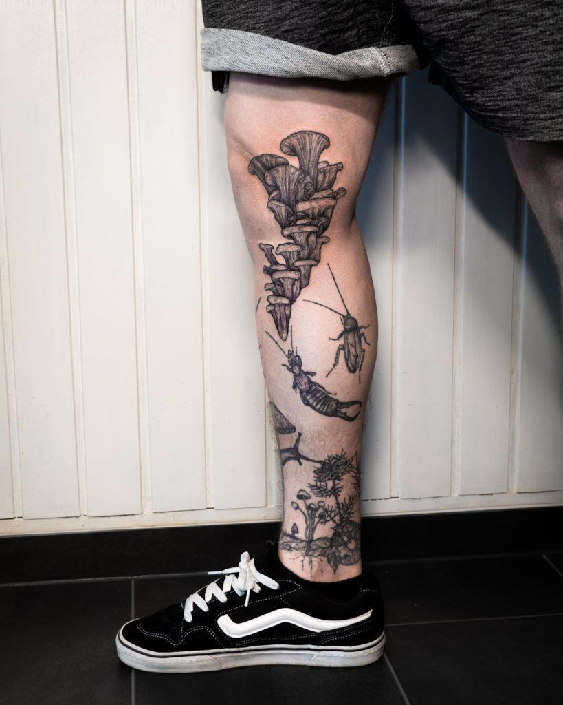 Bein Tattoosleeve mit Waldmotiven wie Austernpilze, Tausendfüßler, Waldboden, Käfer usw. - naturalistic black and grey - Kunst und Tattoo - Köln