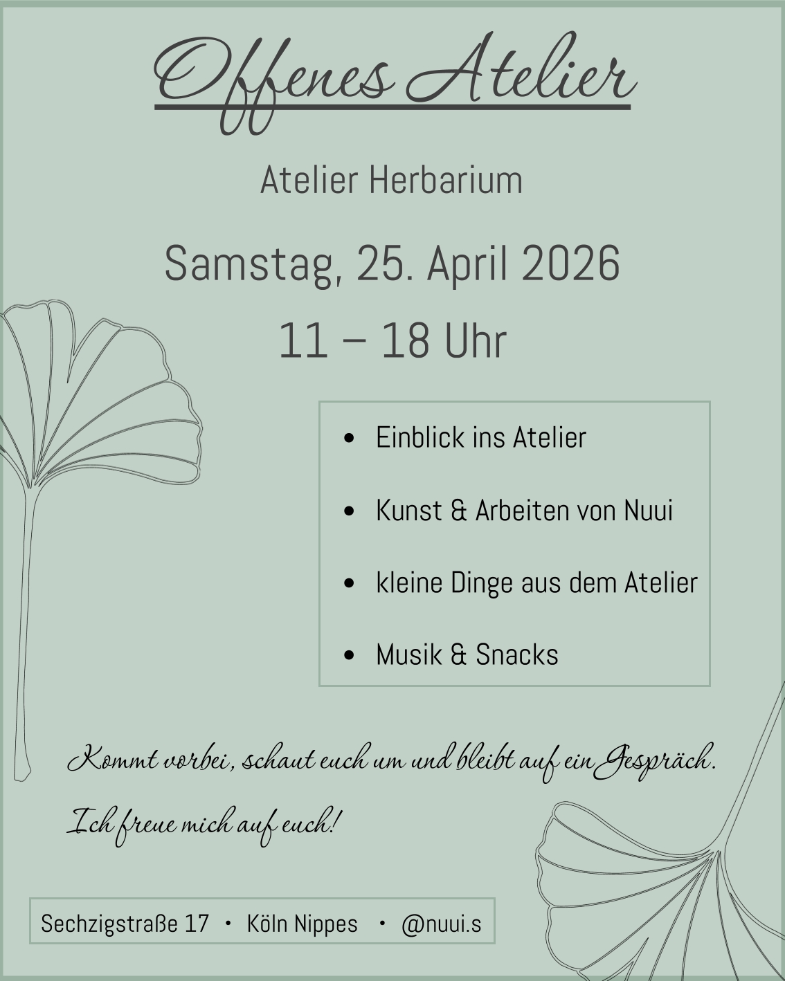 Am 25. April öffnet Nuui die Türen vom Atelier Herbarium Tattoostudio in Köln Nippes. Es gibt Einblicke ins Atelier, Kunst & Arbeiten von Nuui, kleine Geschenke aus dem Atelier, Musik und Snacks. Es ist auch ein Raum für Gespräche.